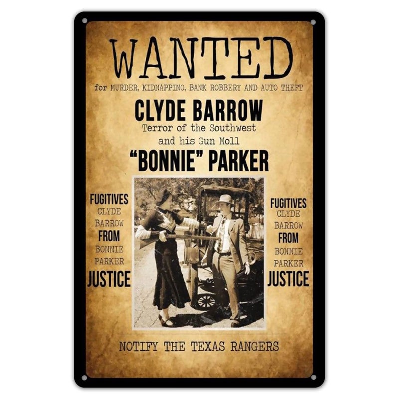 Ylens علامة معدنية مخصصة Ylens Wanted Bonnie & Clyde Motiv 2 مقاس 8X12 بوصة - بار مقهى مطعم ديكور منزلي - Image 1